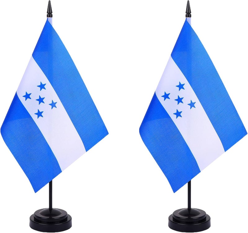 WXTWK 2 Pack Honduras Flag Honduras Deluxe Desk Flag Set - Mini Small Honduran Table Office Flags with Black 12" Solid Pole Stand Base Classroom Meeting Desktop Decorations - Image 1